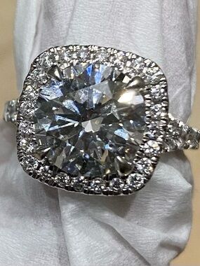 14k white gold ring featuring a 4.06 carat RBC diamond, VS2, F ,